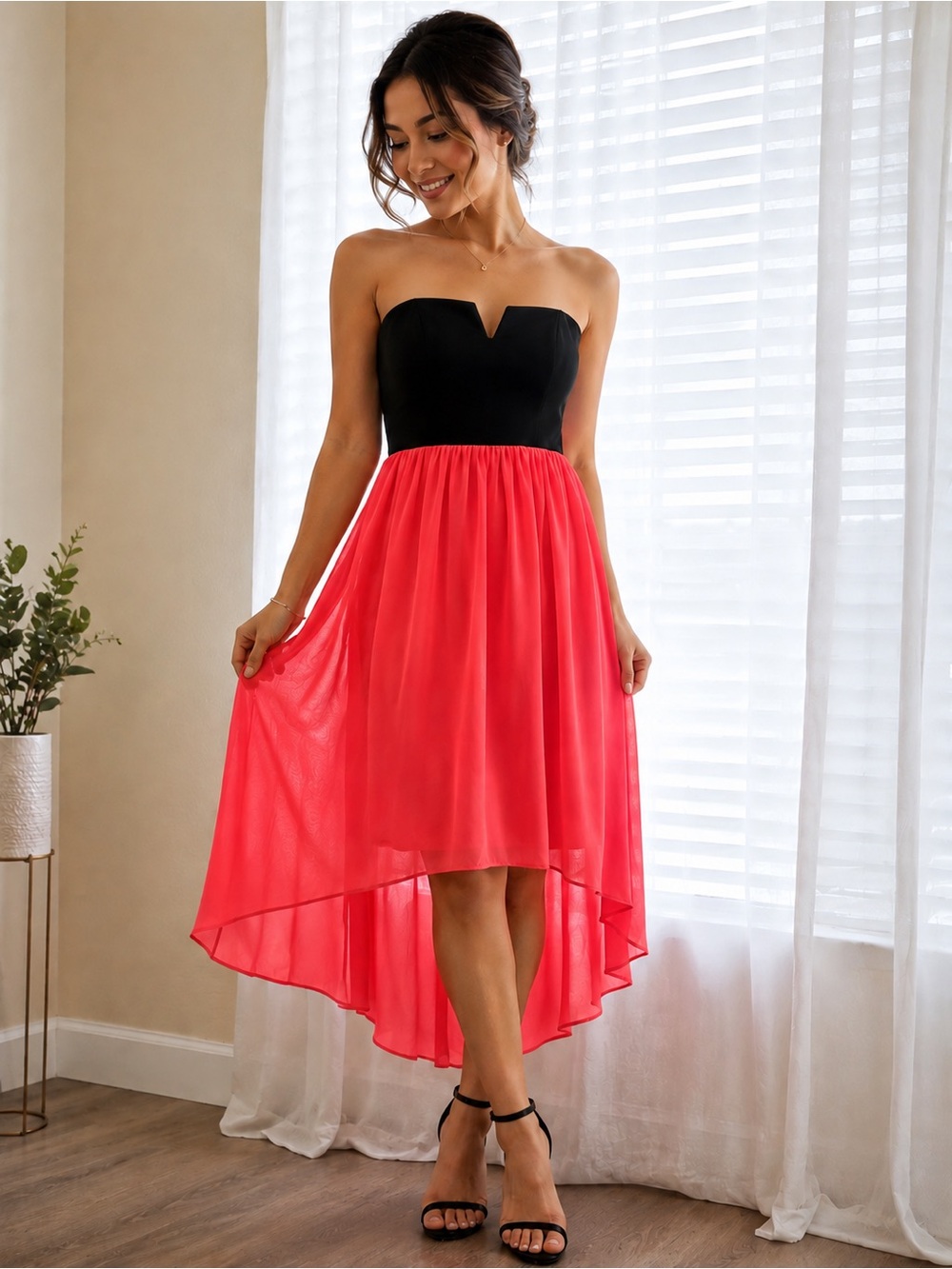 B Darlin Black Bodice with Red High-Low Chiffon Skirt Dress